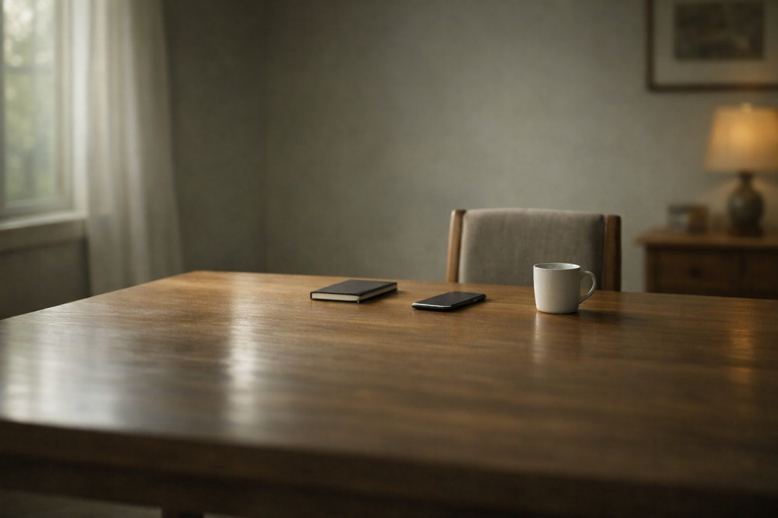 Large empty dining table with a single chair and mug at one end, symbolizing emotional isolation and identity shrinkage in a narcissistic relationship