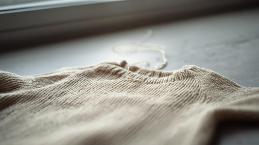 Knitted sweater with a single loose thread symbolizing identity disruption after a breakup