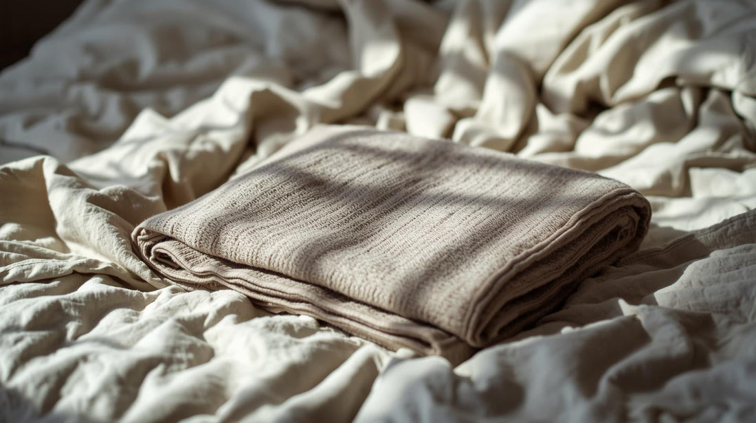 Folded blanket over rumpled sheets symbolizing attempt to create order over unresolved attachment