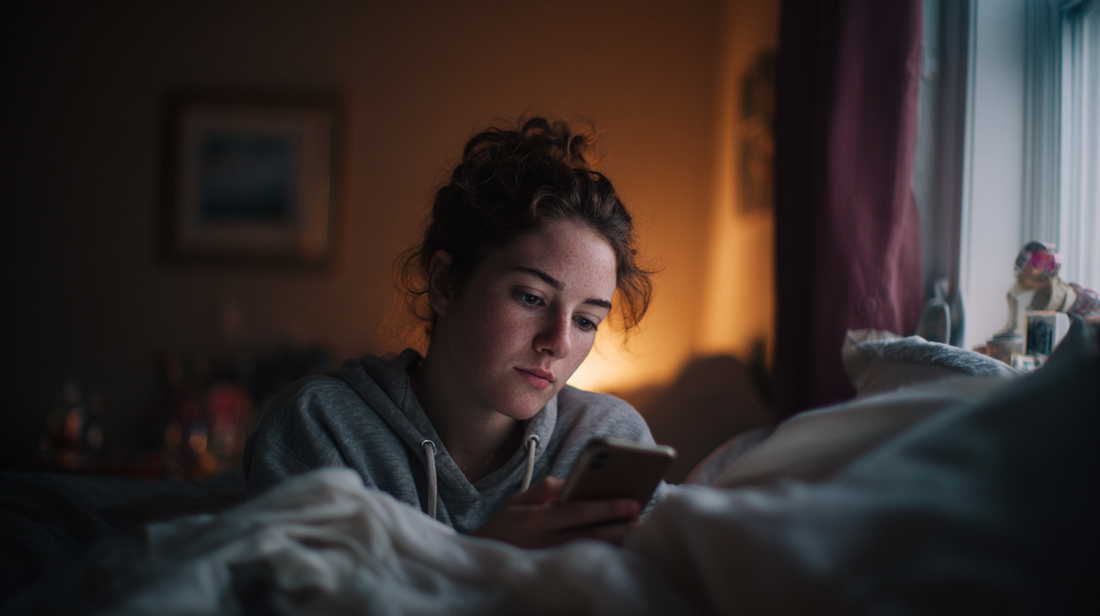 Person sitting on the edge of a bed holding a phone, wishing they could tell someone about their day but realizing they cannot.