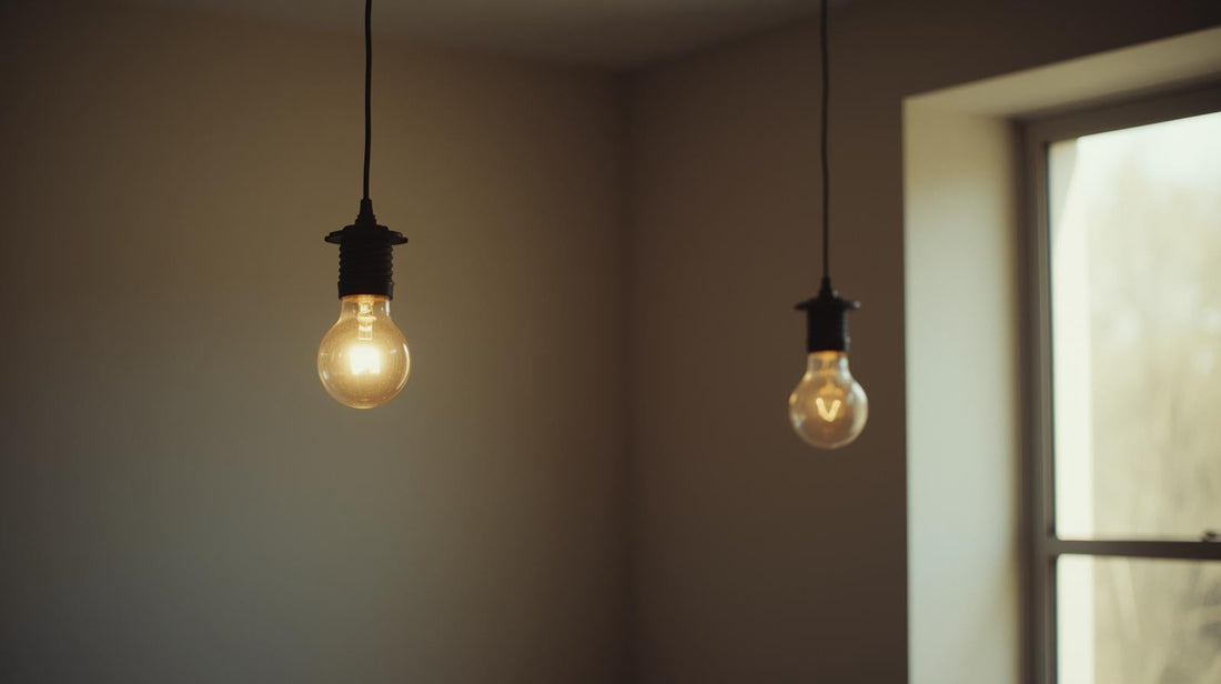 Two light bulbs glowing differently in a quiet room symbolizing steady intimacy versus unstable intensity