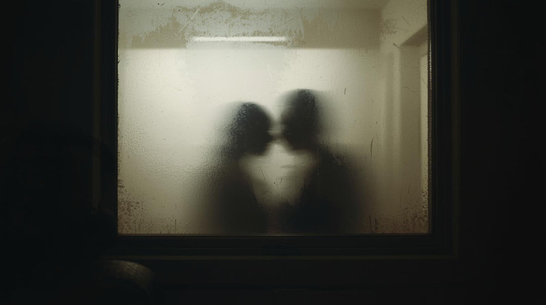 Blurred silhouettes behind frosted glass symbolizing intrusive thoughts about an ex with someone new