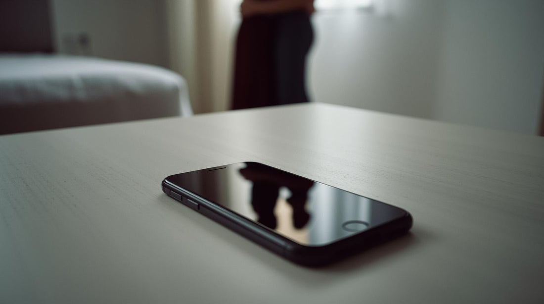Smartphone on bedside table reflecting a blurred couple in the background, symbolizing intrusive thoughts about a partner.