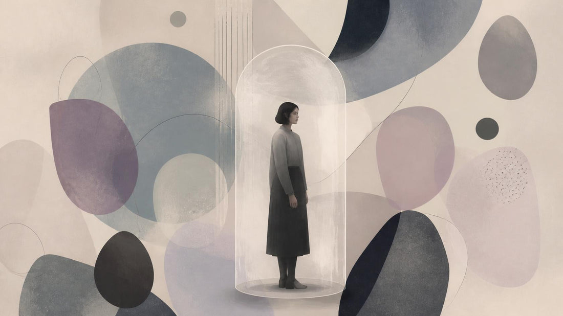 Editorial illustration of a lone figure inside a transparent protective shell, symbolizing emotional numbness as a trauma response.