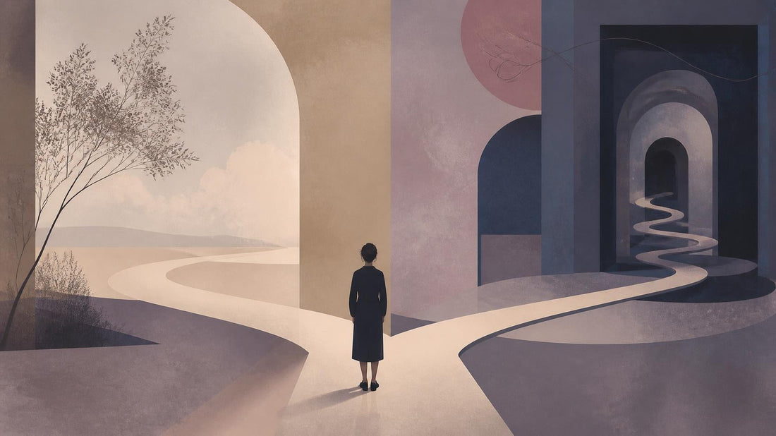 Editorial illustration of a lone figure between an open path and a looping path, symbolizing chemistry versus familiar dysfunction.