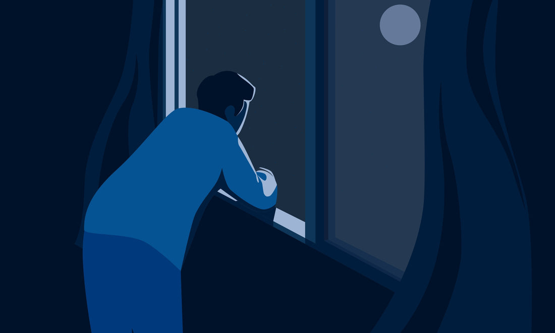Illustration of a lonely man looking out a window at night, representing loneliness in a long-distance relationship.