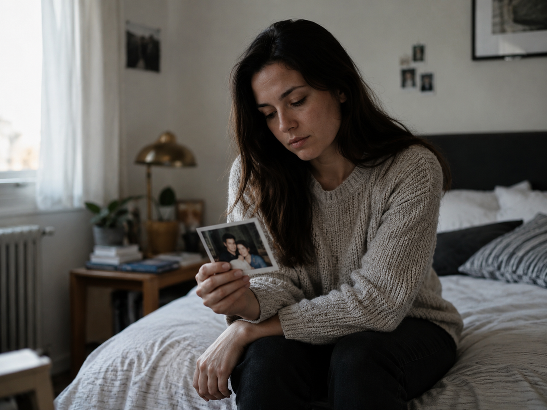 Woman sitting alone on a bed holding an old photo of a former partner, representing missing an ex years later and reflecting on a past relationship