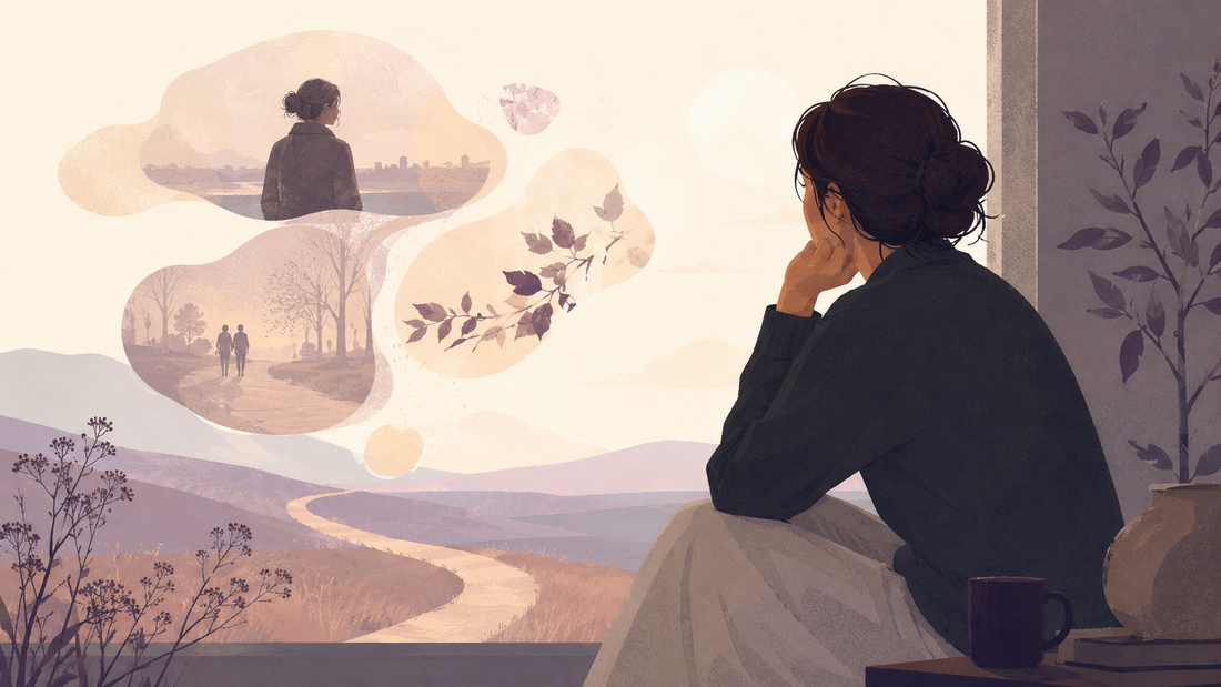 Flat editorial illustration of a woman looking out over a soft landscape while memories appear in the air, symbolizing missing someone years after a relationship ended.