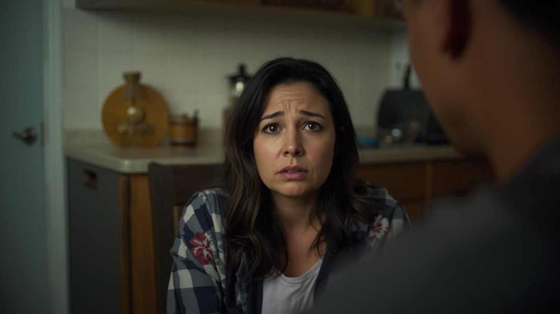 Woman quietly watching husband drink, unsure what she is seeing