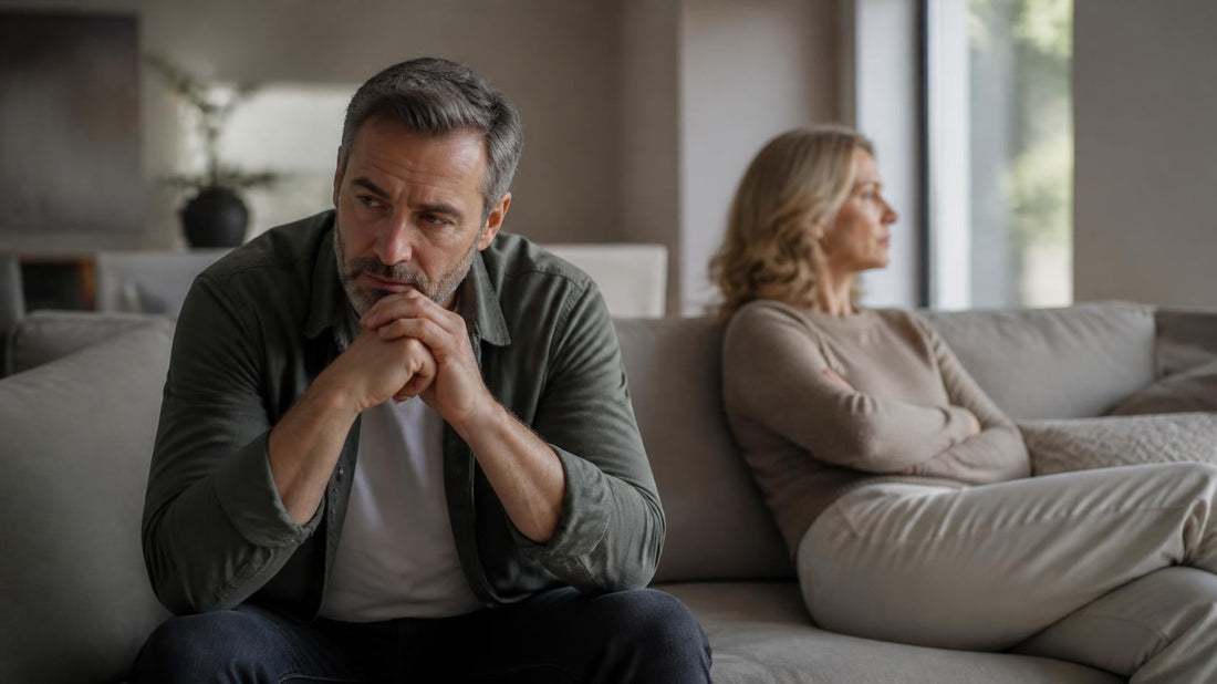 Middle-aged married couple sitting apart on a sofa after conflict, with a worried husband in the foreground and an emotionally distant wife looking away.