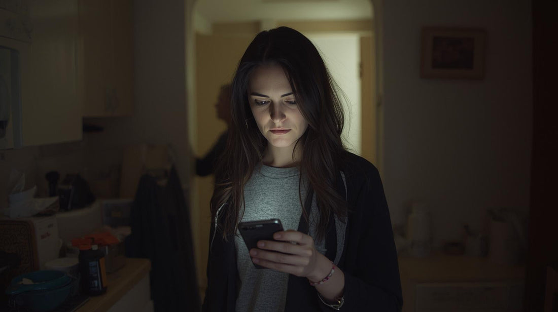 Person standing in kitchen at night, holding back jealousy while looking at a phone