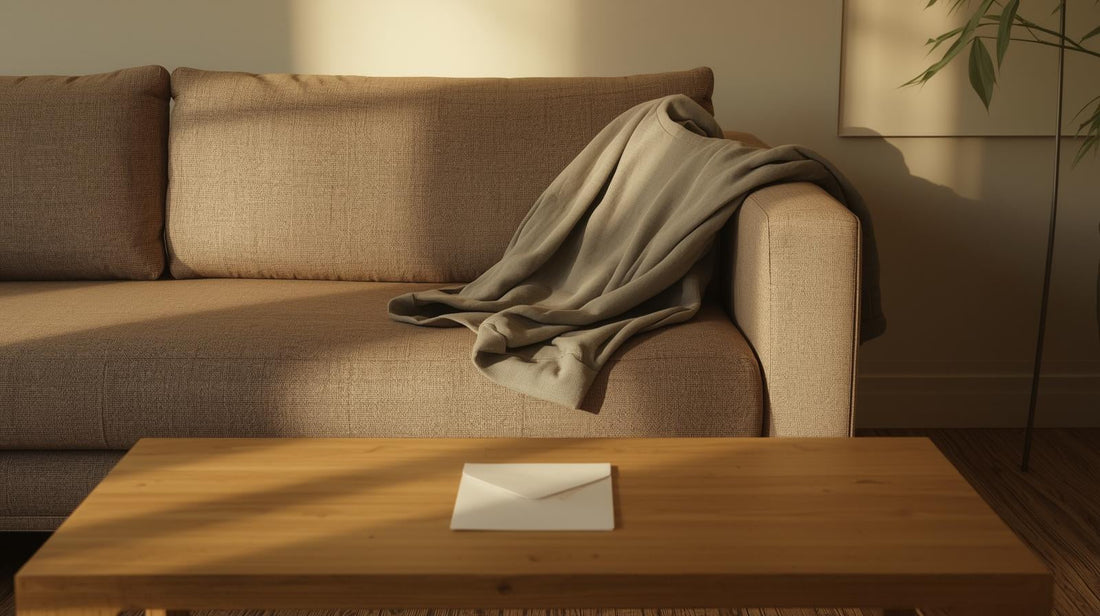 Single sweater draped over a sofa armrest beside a folded note on a wooden table in soft light, symbolizing lingering attachment and post-breakup jealousy