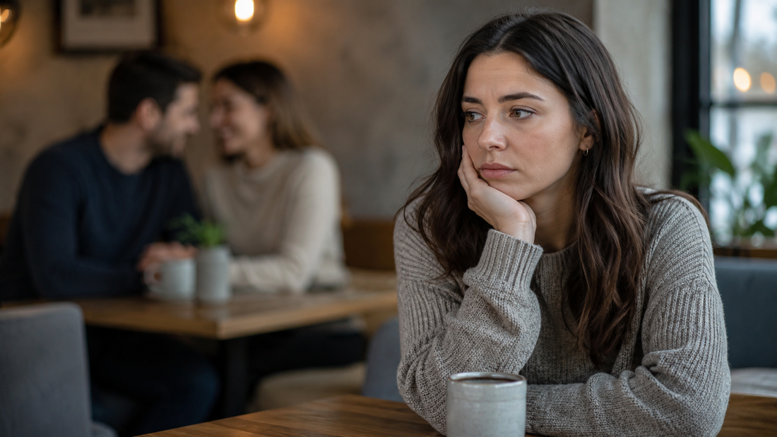 Woman sitting alone while a blurred couple talks behind her, representing jealousy and replacement fear after a breakup.