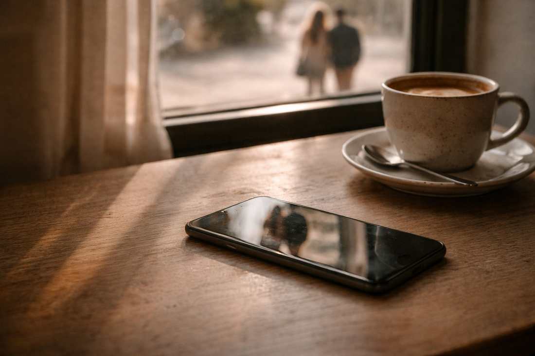 phone and coffe cup near window. couple walking happy together, symbolizing competing with someon who doesn't know me