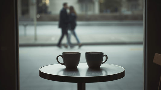 Two coffee cups on a table, one empty and one steaming, symbolizing jealousy and emotional distance after a breakup.