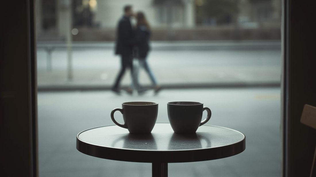 Two coffee cups on a table, one empty and one steaming, symbolizing jealousy and emotional distance after a breakup.