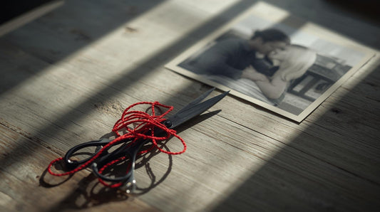 tangled red thread leading toward a blurred couple photo symbolizing jealousy and lingering attachment after a breakup