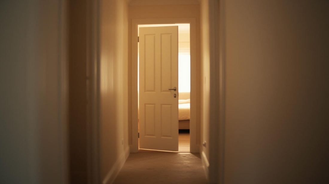 Partially closed bedroom door with light filtering through symbolizing suspicion and emotional uncertainty