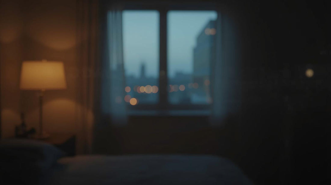 Window reflecting blurred city lights at dusk symbolizing overthinking and jealousy