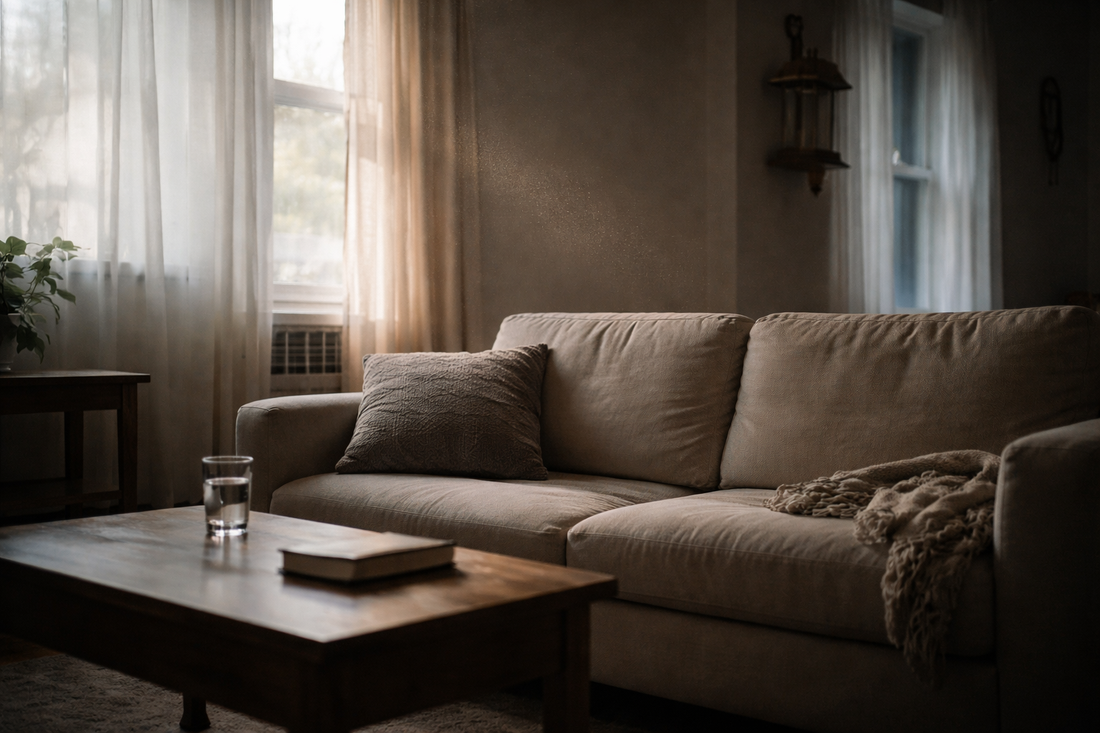 Soft late afternoon light filling a quiet living room with an empty couch, symbolizing emotions resurfacing after healing progress