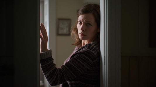Woman pausing at a doorway, torn between staying and leaving.