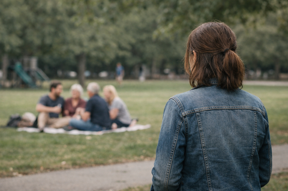 Woman standing in a park watching her former partner laughing with his family in the distance, feeling excluded.