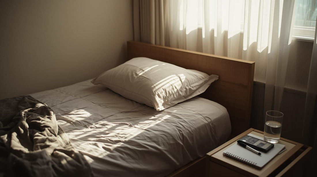 Notebook and glass of water on a bedside table in soft morning light, symbolizing grounded healing and practical support after a same-sex breakup.