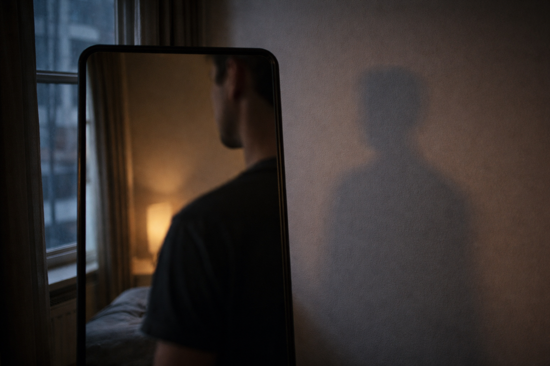 Partial reflection of a person in a mirror at dusk with a faint second shadow on the wall, symbolizing identity loss and layered grief after a same-sex breakup.