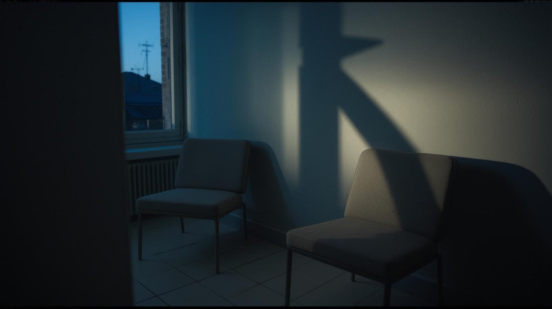 Two chairs angled apart in soft dusk light with overlapping shadows that almost touch, symbolizing layered grief and identity loss after a same-sex breakup.