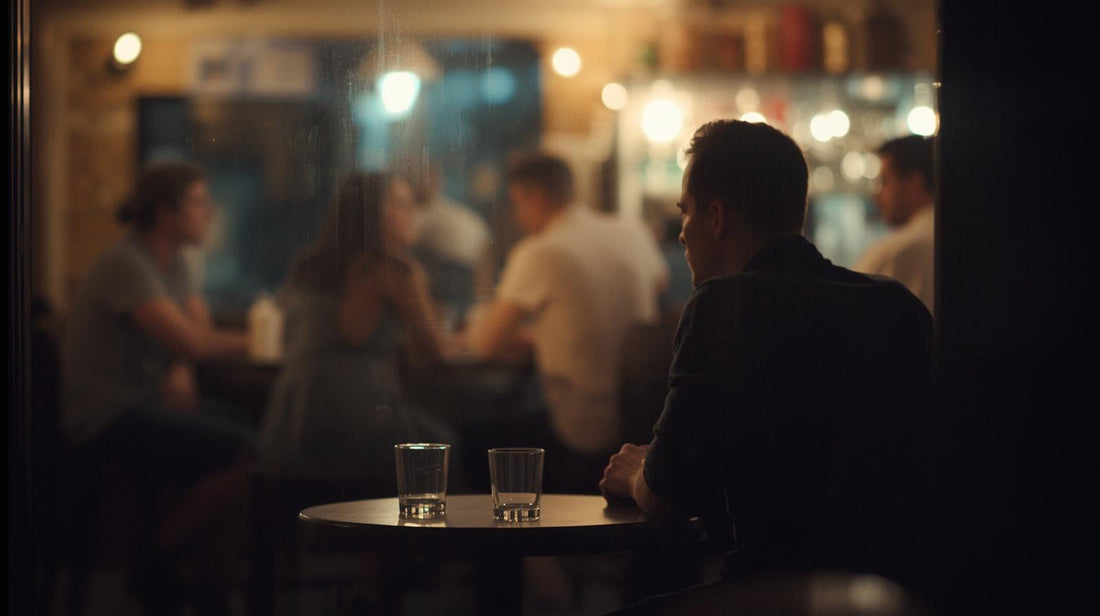 Person sitting alone at a café table with blurred figures in the background, symbolizing isolation within shared LGBTQ+ community space after a breakup.