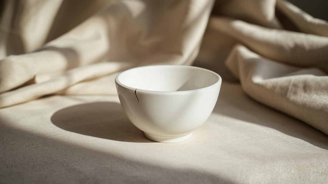 White ceramic bowl with a fine visible crack carefully repaired, resting on neutral linen in soft natural light, symbolizing emotional integration rather than regression