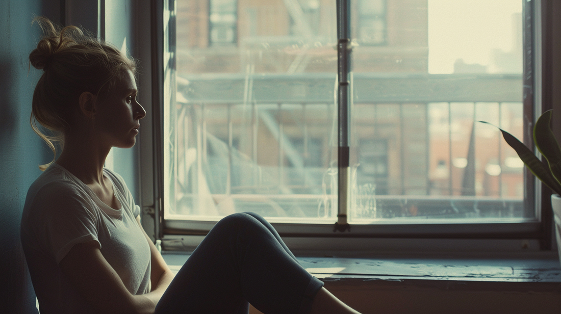 Woman sitting alone in her apartment, quietly feeling the absence of someone she still misses.