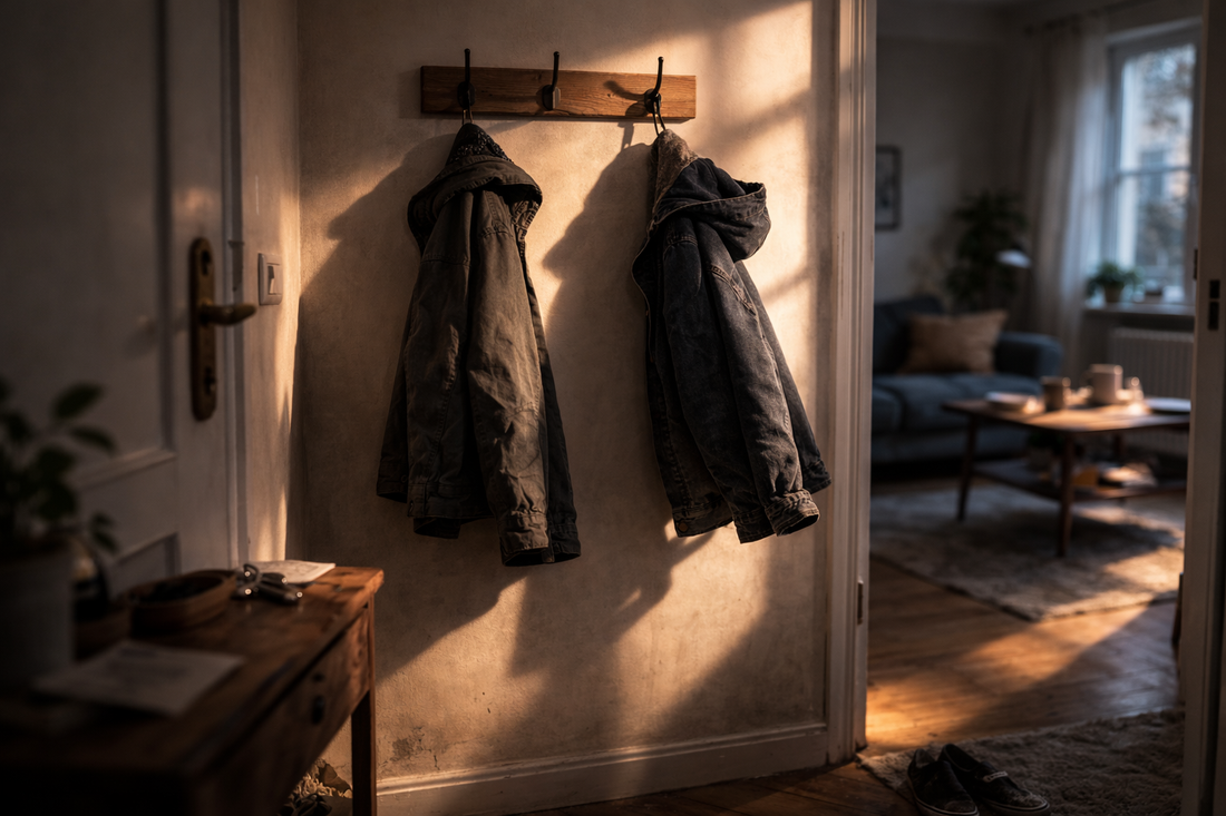 Two similar jackets hanging slightly apart in a softly lit hallway, symbolizing shared identity and shifting space after a same-sex breakup.