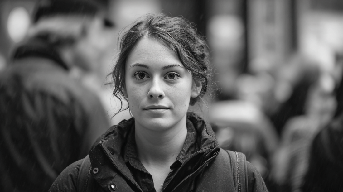 Woman observing from a distance with a calm, guarded expression after learning to protect herself emotionally.