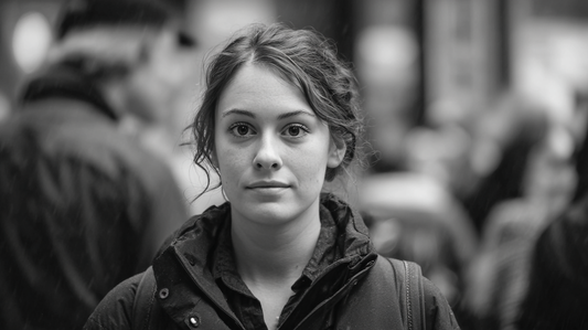 Woman observing from a distance with a calm, guarded expression after learning to protect herself emotionally.