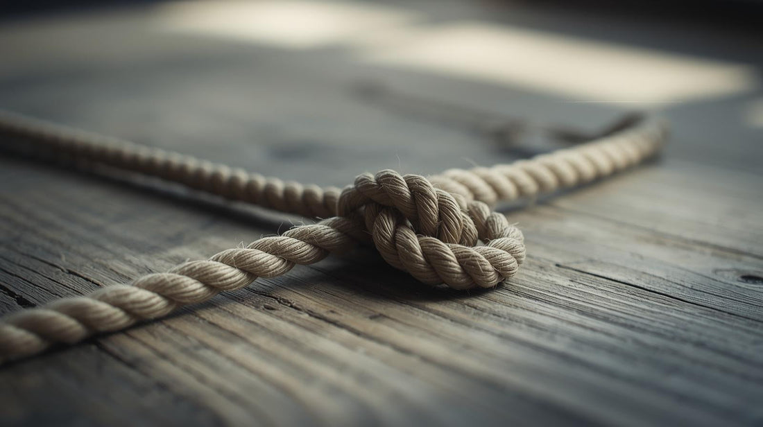 Knotted rope on a wooden surface symbolising the lingering attachment and gradual process of breaking a trauma bond.