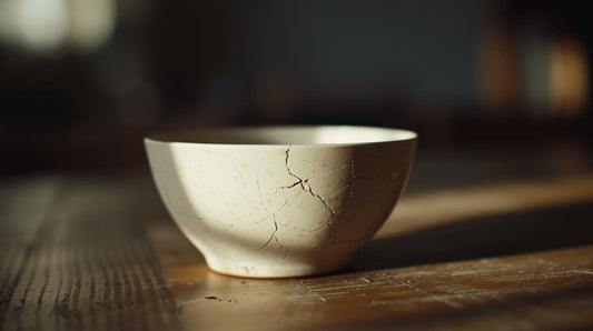 Cracked ceramic bowl on a wooden surface symbolising damaged attachment, emotional strain and the difference between insecure attachment and a trauma bond.