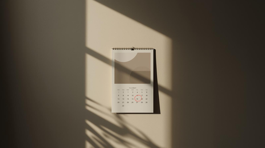 Wall calendar on beige wall in soft daylight symbolizing waiting after a breakup