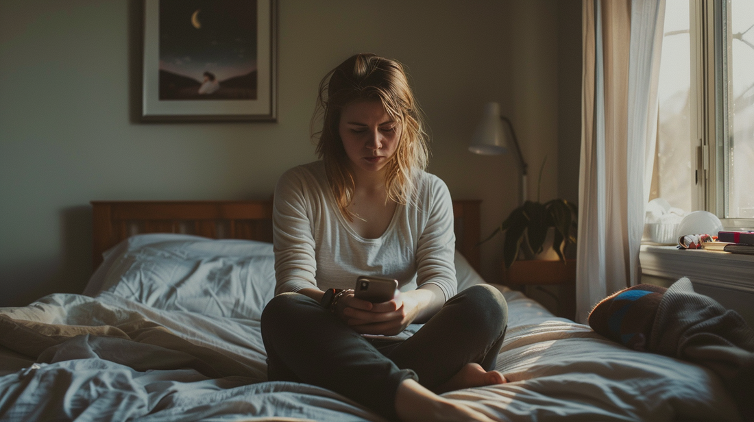Woman sitting on the edge of a bed holding her phone, hesitating as she misses her ex.