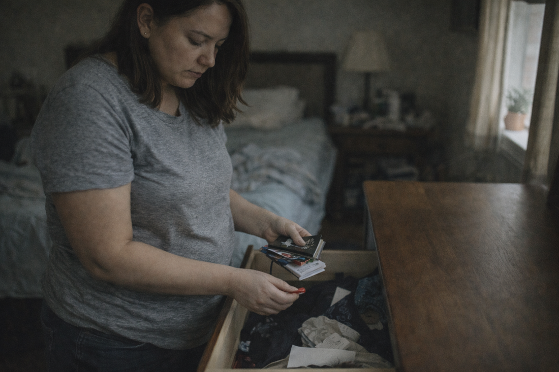 Woman in her late 30s stands beside an open bedroom drawer, slowly removing personal items while lost in thought.