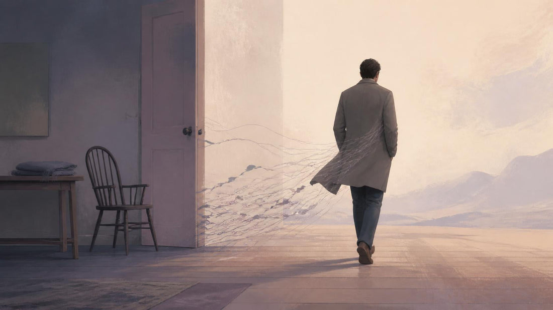 Editorial illustration of a lone reflective figure walking away from a quiet room, symbolizing the gradual process of letting go after a breakup.