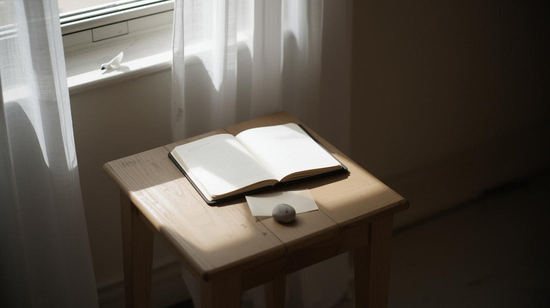 Quiet table by a window with a notebook and unopened envelope symbolizing the slow process of letting go after a breakup