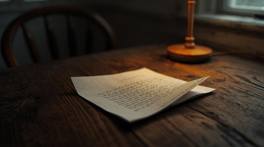 Symbolic image of an unfinished handwritten letter on a table beside an empty chair, representing unresolved endings and letting go without closure after a breakup.