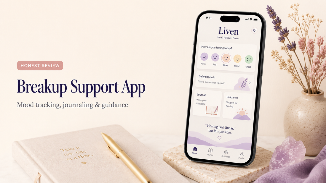 Liven Breakup App Review featured image showing a smartphone with mood tracking, journaling and personalised plan features beside the question “Is It Worth It After a Breakup?”