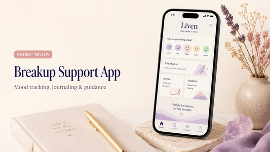 Liven Breakup App Review featured image showing a smartphone with mood tracking, journaling and personalised plan features beside the question “Is It Worth It After a Breakup?”
