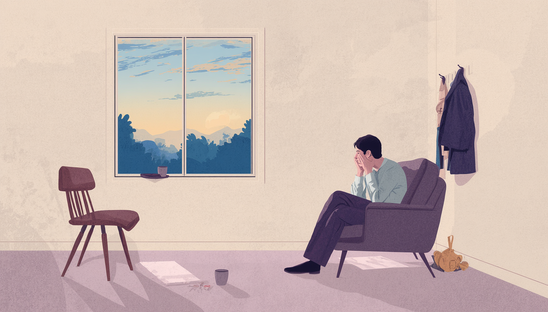 Editorial illustration of a lone reflective figure in a quiet room, symbolizing the difference between loneliness and missing someone after a breakup.