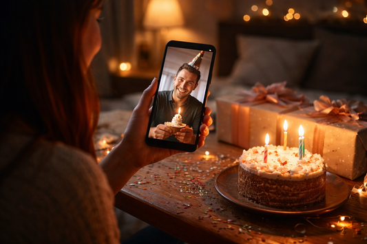 Long distance couple celebrating birthday over video call with cake candles and gift in warm evening setting
