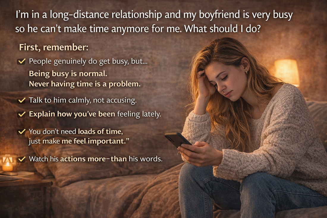 Woman looking at phone feeling distant in long distance relationship with busy boyfriend and advice on what to do