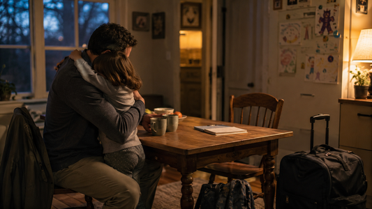 Parent embracing a child at a kitchen table in the evening, with luggage nearby, symbolizing an awkward visit in a long-distance marriage with kids.