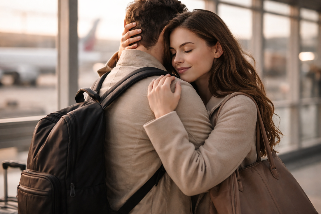 Couple hugging goodbye at airport before long distance separation